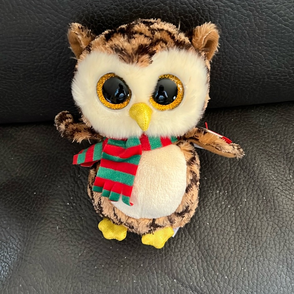 Beanie baby wise the owl with holiday scarf